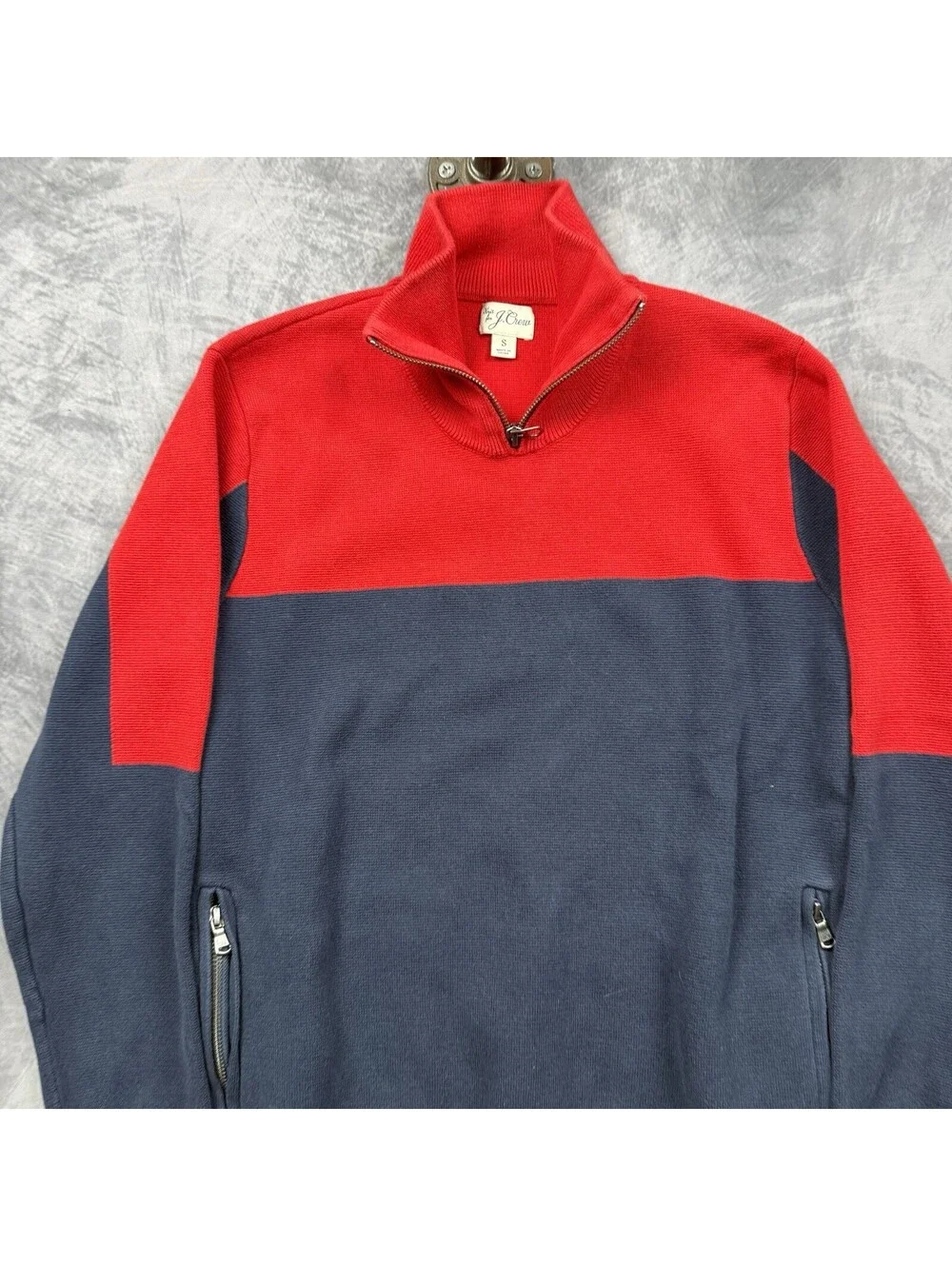 J Crew Ski Sweater Mens S Navy Red Cotton Milano-Stitch Half Zip Retro